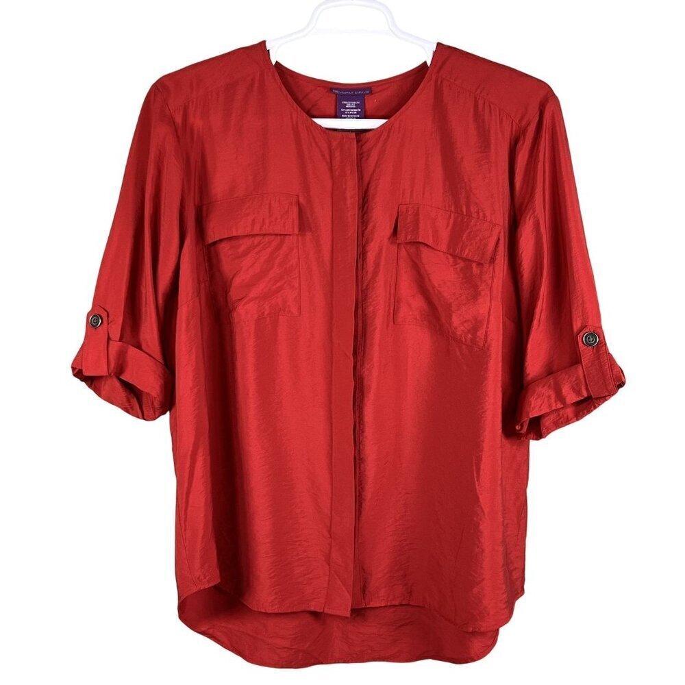 Beverly Drive NWT Womens 2X  Holiday Red Silky Blouse 3/4 Tab Sleeve Pockets